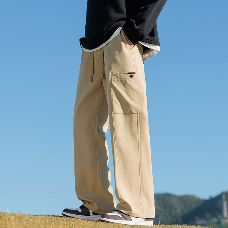 Meeste cargo püksid fleece-vooderdusega, sirge lõige, keskmine vöökoht, nooruslik linnal stiil, pikad püksid