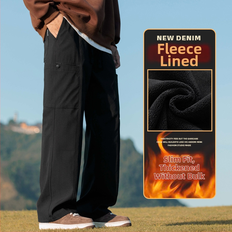 Meeste cargo püksid fleece-vooderdusega, sirge lõige, keskmine vöökoht, nooruslik linnal stiil, pikad püksid