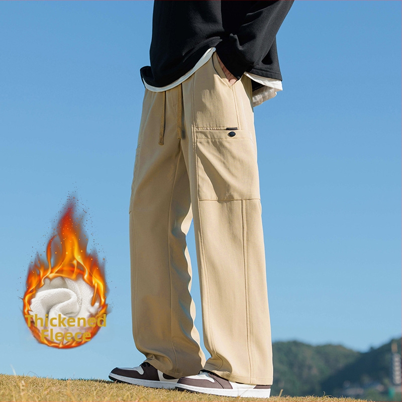 Meeste cargo püksid fleece-vooderdusega, sirge lõige, keskmine vöökoht, nooruslik linnal stiil, pikad püksid