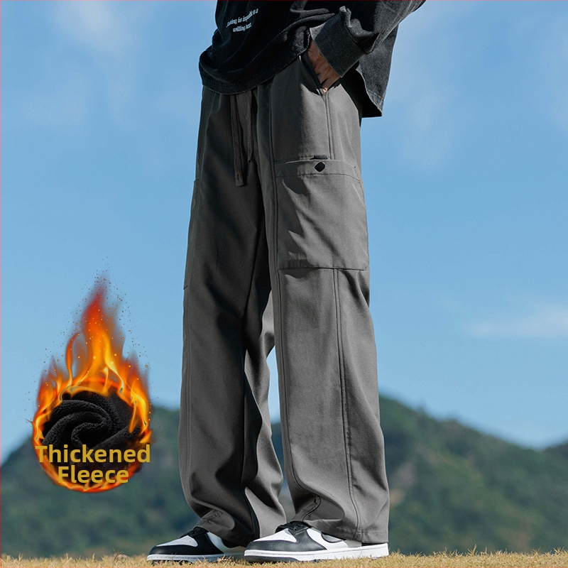 Meeste cargo püksid fleece-vooderdusega, sirge lõige, keskmine vöökoht, nooruslik linnal stiil, pikad püksid