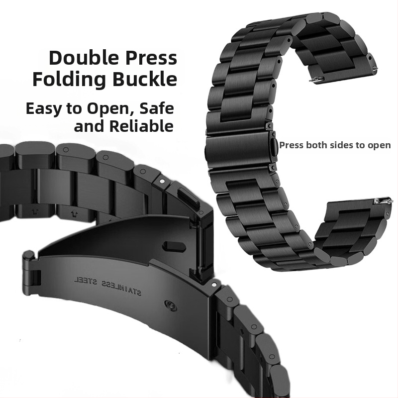 Стоманена каишка за смарт часовник, солидна конструкция с дизайн „три топчета“, бързо освобождаване и закопчалка с двойно натискане, съвместима с 22–24 мм интерфейс