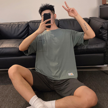 Muški modal pidžama set za ljeto, korejski stil, s okruglim izrezom, rukavi 3/4, kratke hlače
