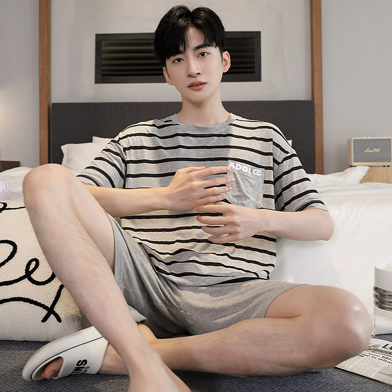 Muški modal pidžama set za ljeto, korejski stil, s okruglim izrezom, rukavi 3/4, kratke hlače