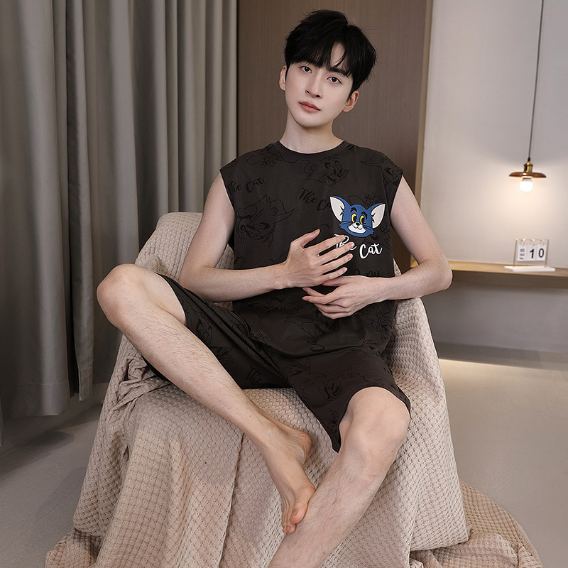 Muški modal pidžama set za ljeto, korejski stil, s okruglim izrezom, rukavi 3/4, kratke hlače