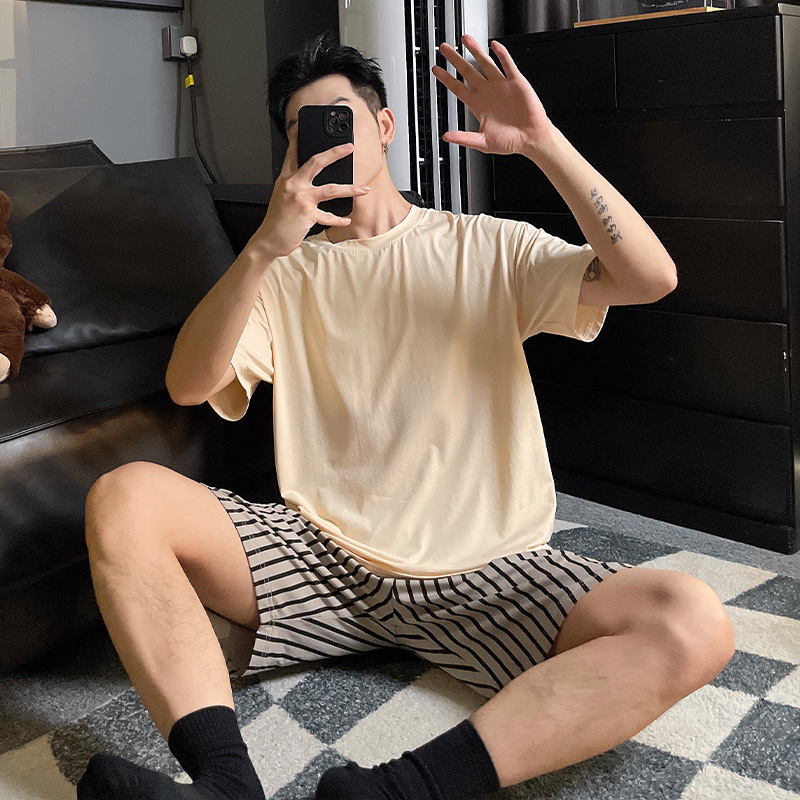 Muški modal pidžama set za ljeto, korejski stil, s okruglim izrezom, rukavi 3/4, kratke hlače