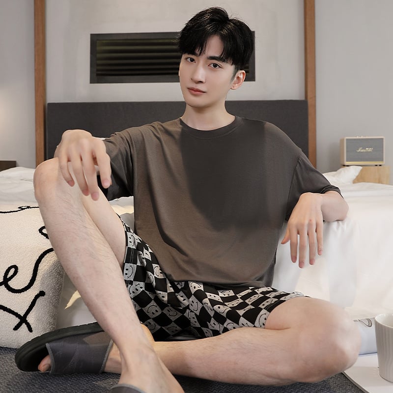 Muški modal pidžama set za ljeto, korejski stil, s okruglim izrezom, rukavi 3/4, kratke hlače