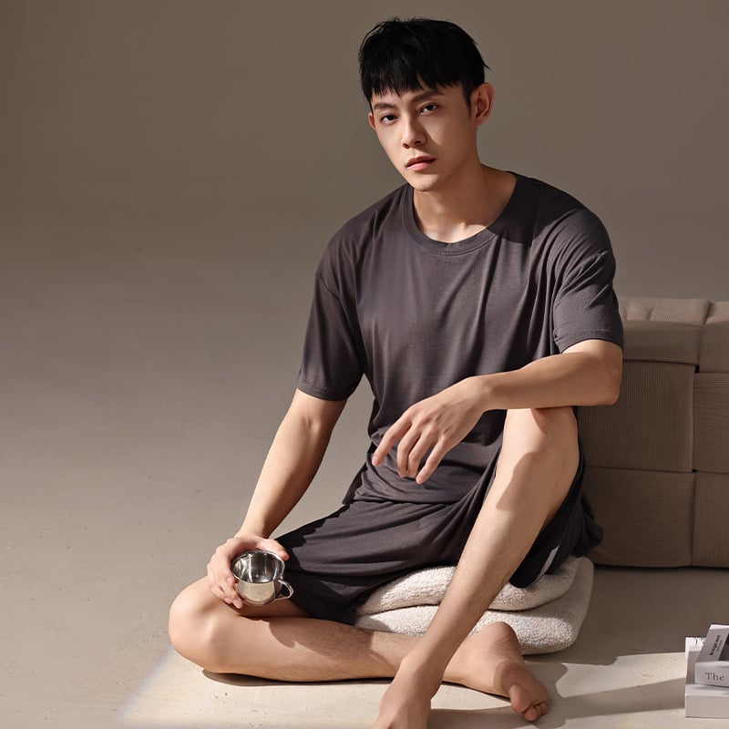 Muški modal pidžama set za ljeto, korejski stil, s okruglim izrezom, rukavi 3/4, kratke hlače