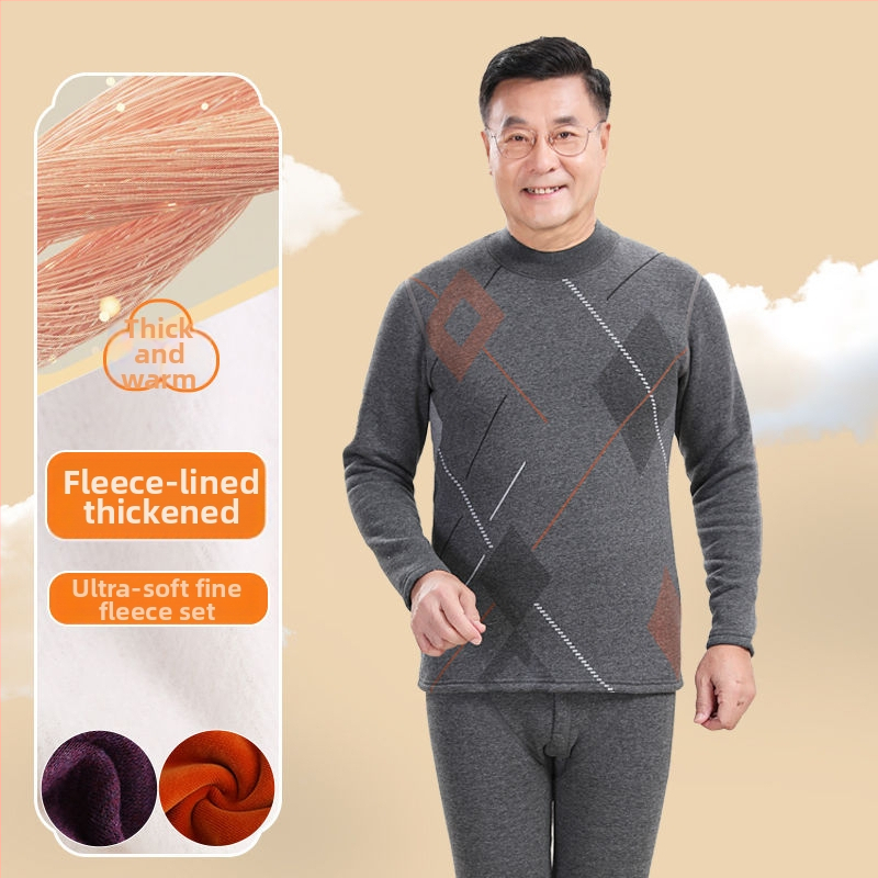 Termálne spodné prádlo pre starších mužov, hrubé fleece podšitie z polyesteru, vrchný diel s vysokým golierom a nohavice, na zimu
