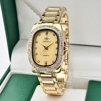 GREALY női kvarc óra gyémántdíszítéssel, ovális számlap, ötvözet tokkal és karkötővel, SL68 mozgás