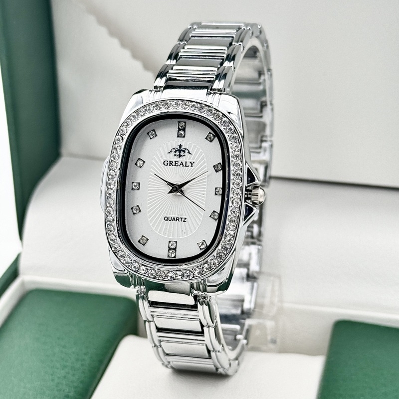 GREALY női kvarc óra gyémántdíszítéssel, ovális számlap, ötvözet tokkal és karkötővel, SL68 mozgás
