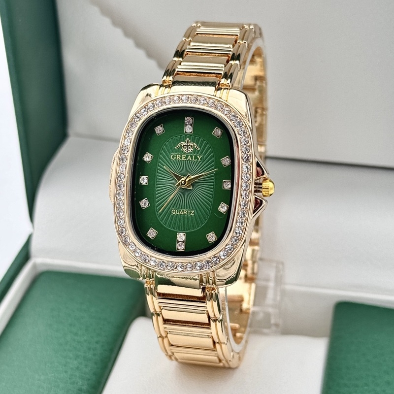 GREALY női kvarc óra gyémántdíszítéssel, ovális számlap, ötvözet tokkal és karkötővel, SL68 mozgás