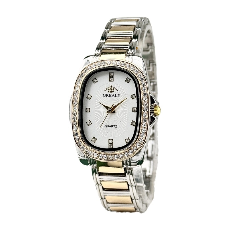 GREALY női kvarc óra gyémántdíszítéssel, ovális számlap, ötvözet tokkal és karkötővel, SL68 mozgás