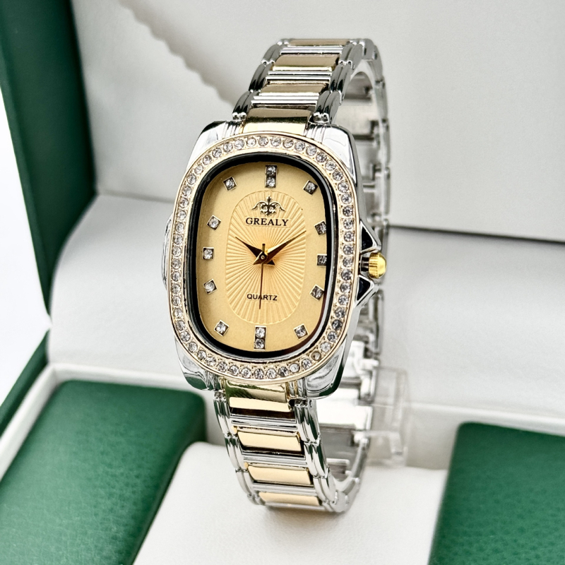 GREALY női kvarc óra gyémántdíszítéssel, ovális számlap, ötvözet tokkal és karkötővel, SL68 mozgás