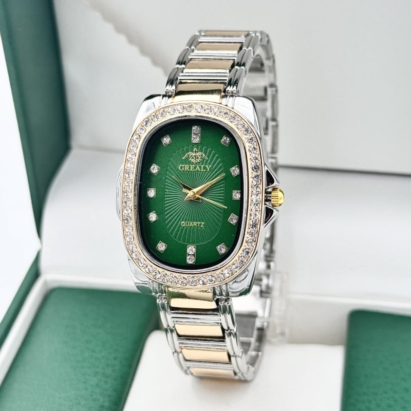 GREALY női kvarc óra gyémántdíszítéssel, ovális számlap, ötvözet tokkal és karkötővel, SL68 mozgás