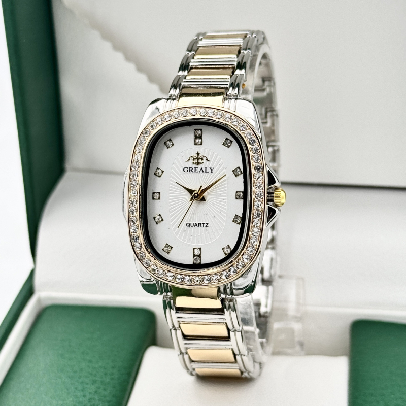 GREALY női kvarc óra gyémántdíszítéssel, ovális számlap, ötvözet tokkal és karkötővel, SL68 mozgás