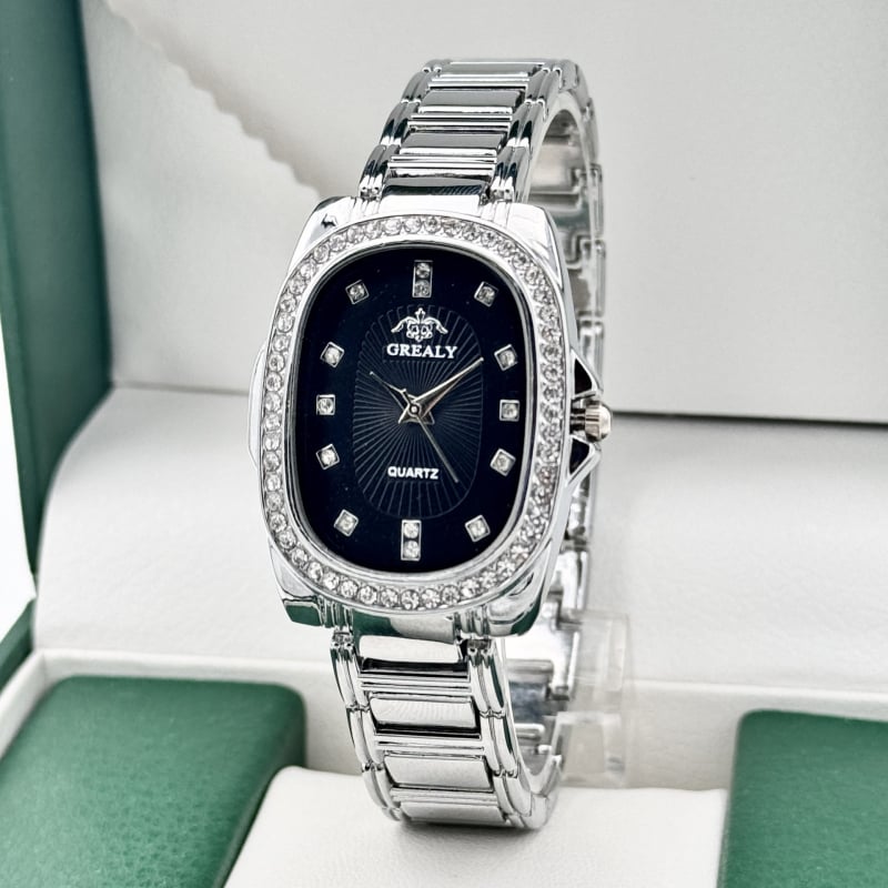 GREALY női kvarc óra gyémántdíszítéssel, ovális számlap, ötvözet tokkal és karkötővel, SL68 mozgás