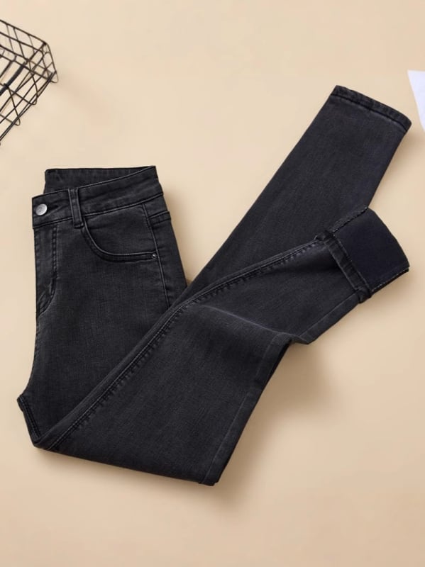 Naiste kõrge vöökoht, kitsas lõige, denim koos puuvilla ja elastaani seguga, pahklu pikkus, igapäevane stiil