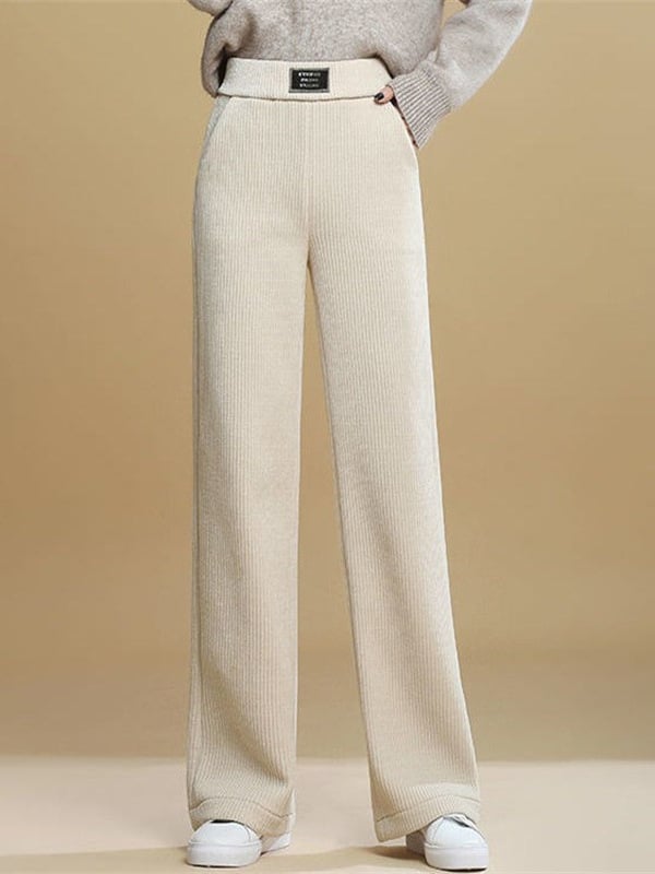 Pantaloni femei chenille largi, talie înaltă, căptuți cu fleece pentru căldură, 95%+ bumbac, lungime până la podea, casual