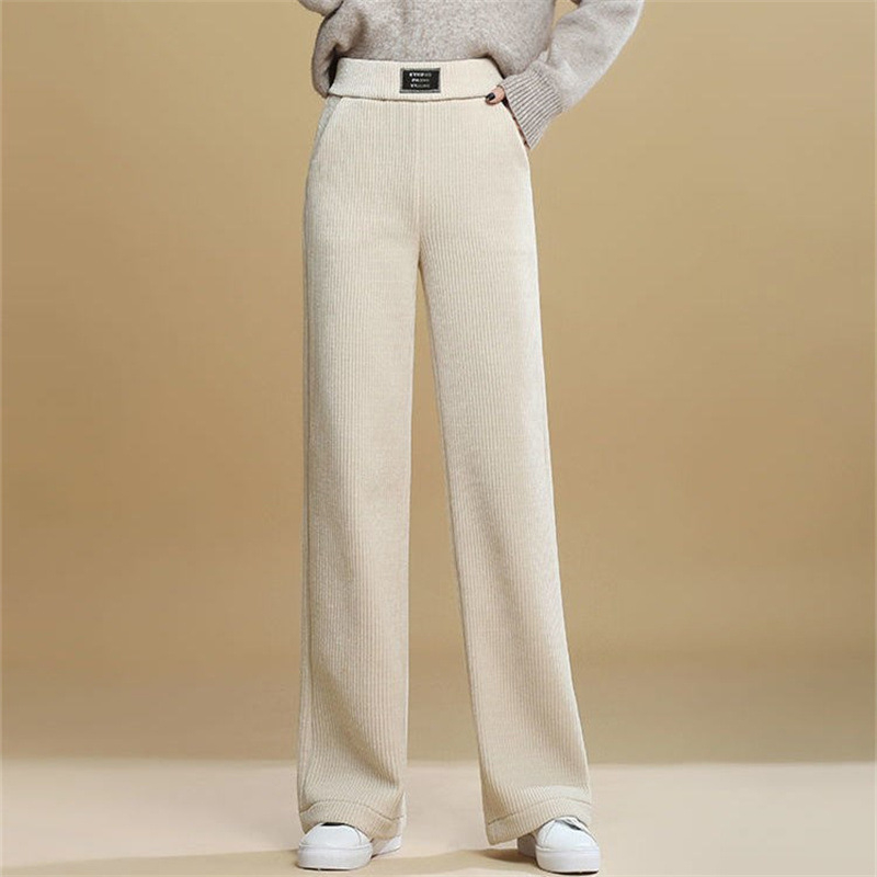 Pantaloni femei chenille largi, talie înaltă, căptuți cu fleece pentru căldură, 95%+ bumbac, lungime până la podea, casual