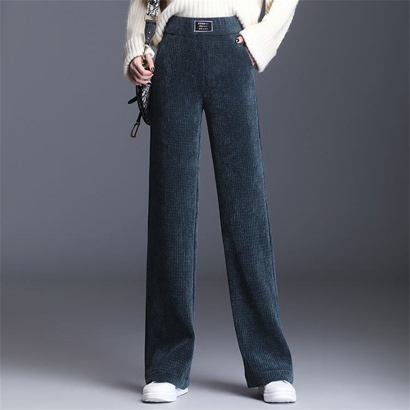 Pantaloni femei chenille largi, talie înaltă, căptuți cu fleece pentru căldură, 95%+ bumbac, lungime până la podea, casual