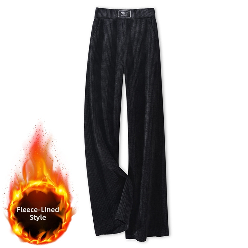 Pantaloni femei chenille largi, talie înaltă, căptuți cu fleece pentru căldură, 95%+ bumbac, lungime până la podea, casual