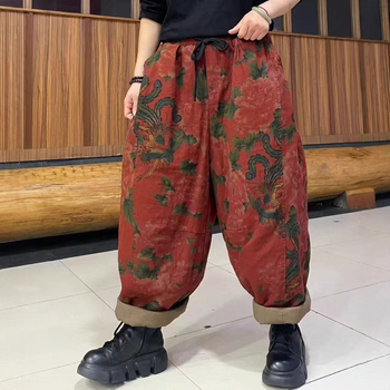 Naiste puuvillased dad-stiilis püksid, laia lõikega, elastne vöökoht, trükimuster, 2025 talveväljaanne