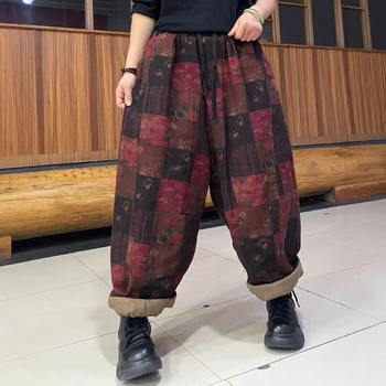 Naiste puuvillased dad-stiilis püksid, laia lõikega, elastne vöökoht, trükimuster, 2025 talveväljaanne