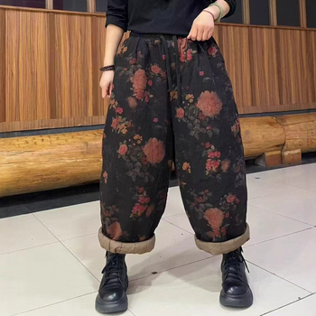 Naiste puuvillased dad-stiilis püksid, laia lõikega, elastne vöökoht, trükimuster, 2025 talveväljaanne