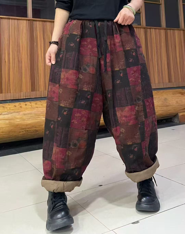 Naiste puuvillased dad-stiilis püksid, laia lõikega, elastne vöökoht, trükimuster, 2025 talveväljaanne