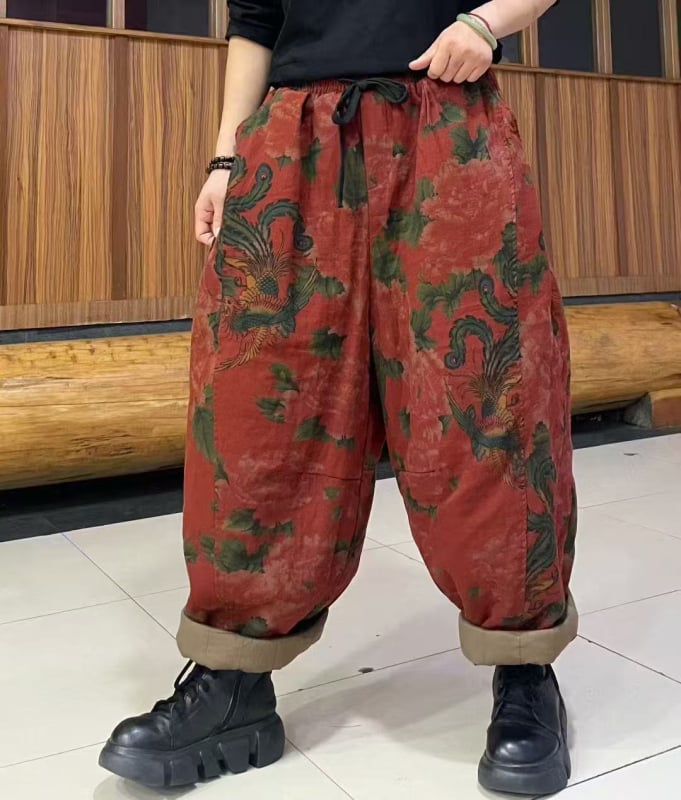 Naiste puuvillased dad-stiilis püksid, laia lõikega, elastne vöökoht, trükimuster, 2025 talveväljaanne