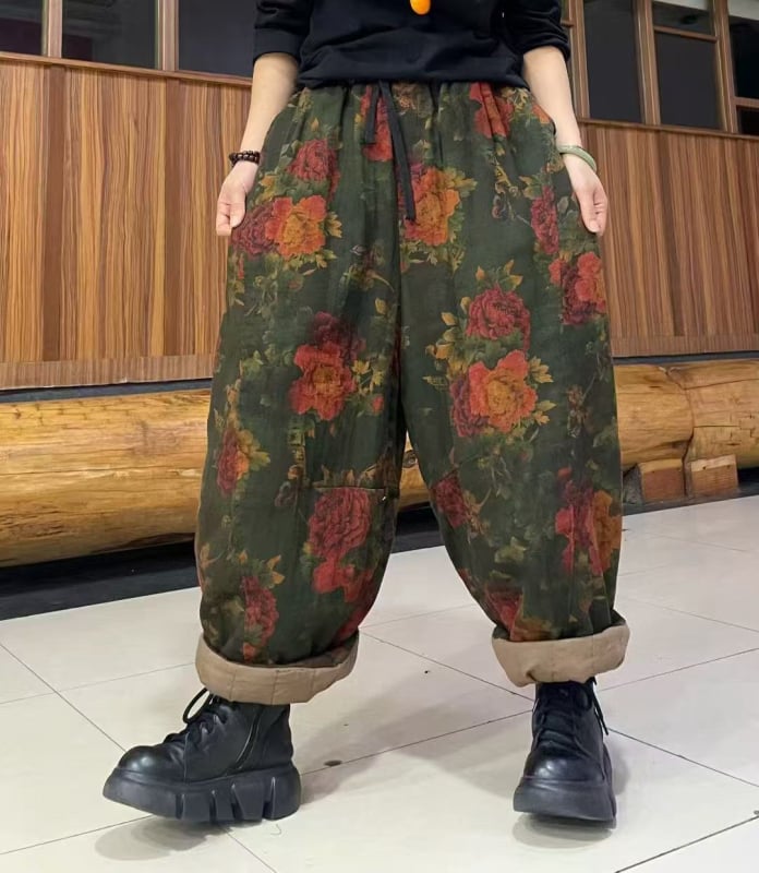 Naiste puuvillased dad-stiilis püksid, laia lõikega, elastne vöökoht, trükimuster, 2025 talveväljaanne