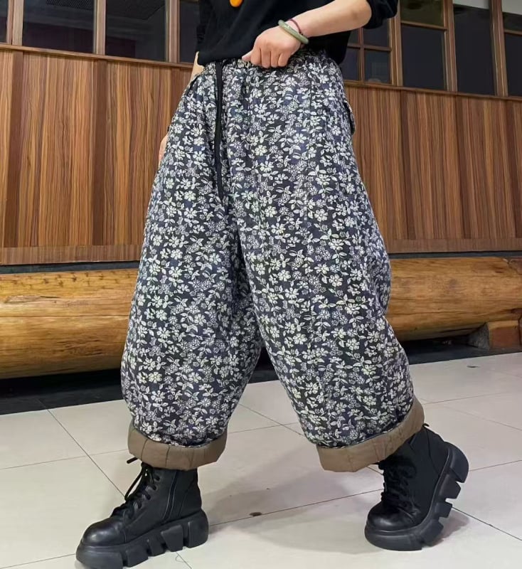 Naiste puuvillased dad-stiilis püksid, laia lõikega, elastne vöökoht, trükimuster, 2025 talveväljaanne