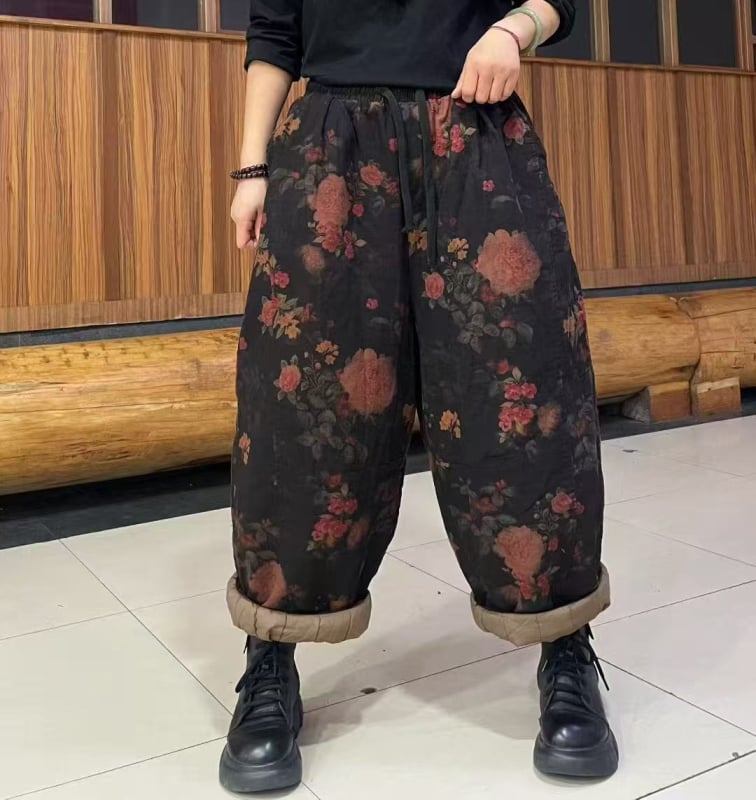 Naiste puuvillased dad-stiilis püksid, laia lõikega, elastne vöökoht, trükimuster, 2025 talveväljaanne