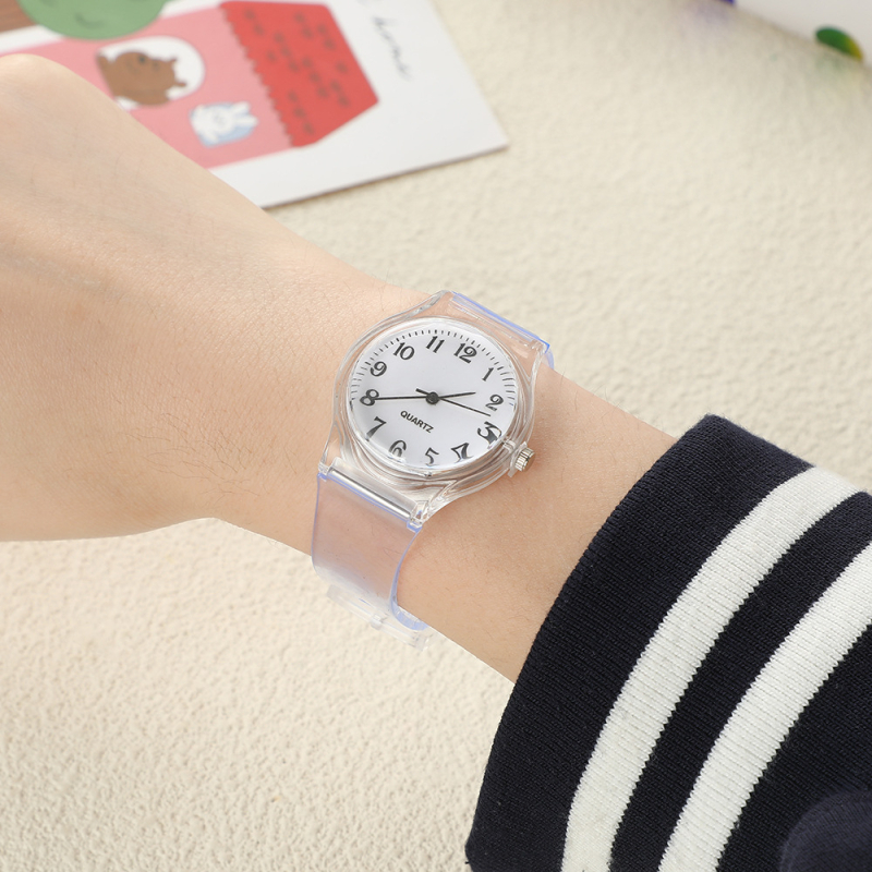 Ženski kvarcni sat s prozirnim remenom od legure, okrugli brojčanik, pokazivački prikaz, kućište od cinkove legure