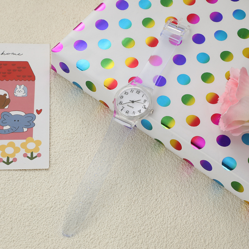 Ženski kvarcni sat s prozirnim remenom od legure, okrugli brojčanik, pokazivački prikaz, kućište od cinkove legure