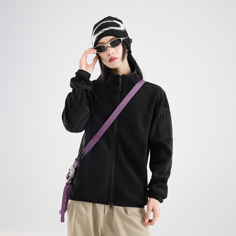 Unisex polāra jaka ar augstu apkakli, kardigāna stils, vienkrāsains, flisa odere