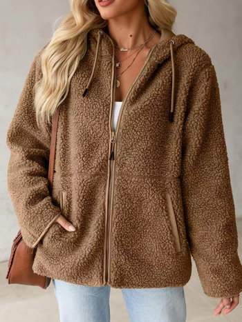 Худи от флийс с цип, акпака вълна, свободна кройка, средна дължина, Пролет 2025