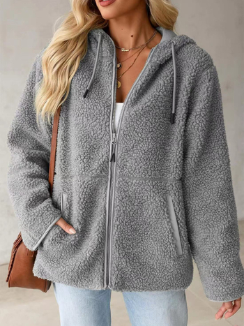 Худи от флийс с цип, акпака вълна, свободна кройка, средна дължина, Пролет 2025