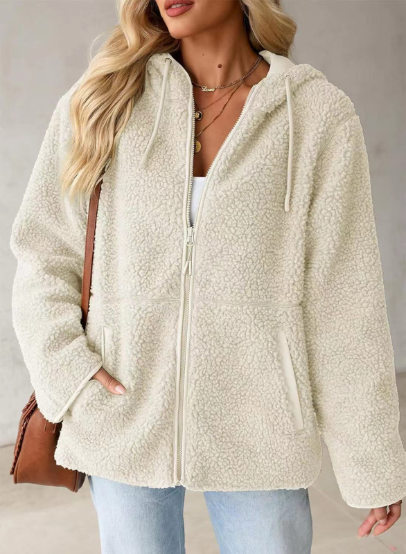 Худи от флийс с цип, акпака вълна, свободна кройка, средна дължина, Пролет 2025