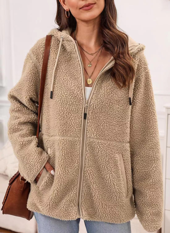 Худи от флийс с цип, акпака вълна, свободна кройка, средна дължина, Пролет 2025