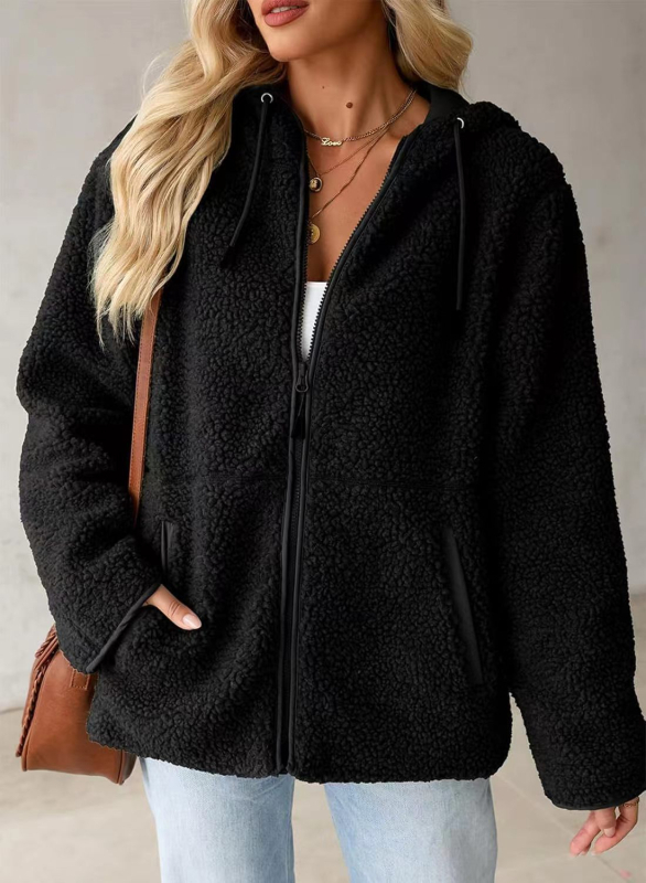 Худи от флийс с цип, акпака вълна, свободна кройка, средна дължина, Пролет 2025