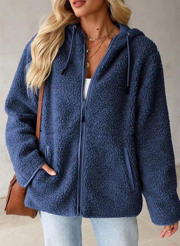 Худи от флийс с цип, акпака вълна, свободна кройка, средна дължина, Пролет 2025