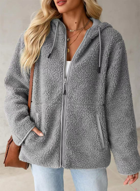 Худи от флийс с цип, акпака вълна, свободна кройка, средна дължина, Пролет 2025