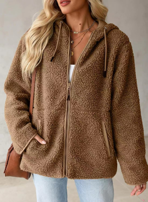 Худи от флийс с цип, акпака вълна, свободна кройка, средна дължина, Пролет 2025