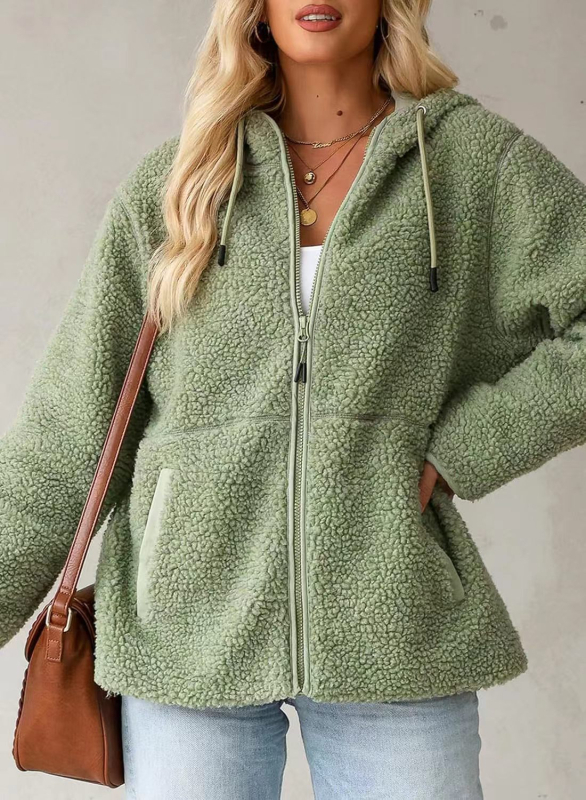 Худи от флийс с цип, акпака вълна, свободна кройка, средна дължина, Пролет 2025