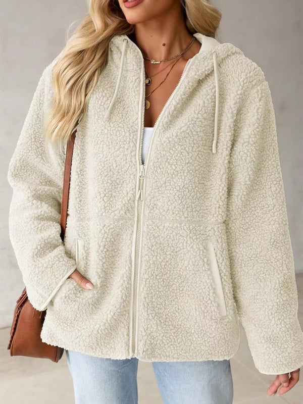 Худи от флийс с цип, акпака вълна, свободна кройка, средна дължина, Пролет 2025