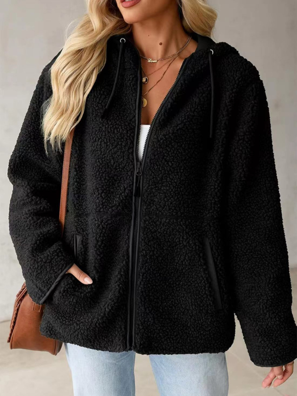 Худи от флийс с цип, акпака вълна, свободна кройка, средна дължина, Пролет 2025