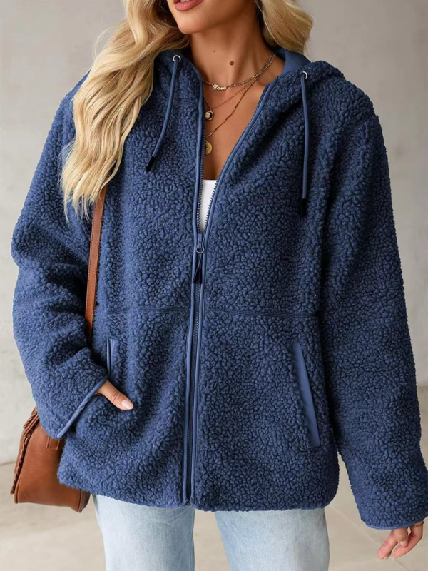 Худи от флийс с цип, акпака вълна, свободна кройка, средна дължина, Пролет 2025