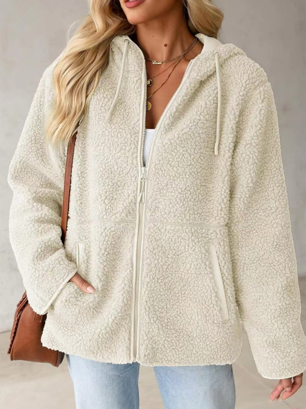 Худи от флийс с цип, акпака вълна, свободна кройка, средна дължина, Пролет 2025