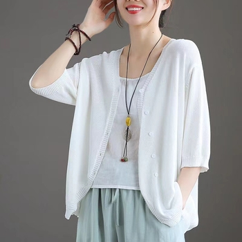 Cardigan od ice silk s polu rukavom, V-izrez, udoban slobodan kroj, japansko-korejski ležerni stil